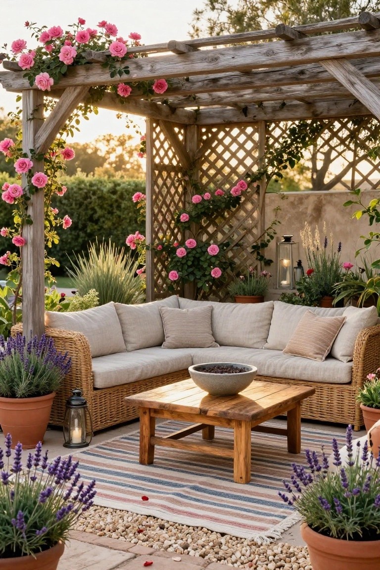Wooden pergola covered in pink climbing roses shading a beige wicker L-shaped sofa and wooden coffee table on a gravel patio surrounded by potted lavender and other plants.