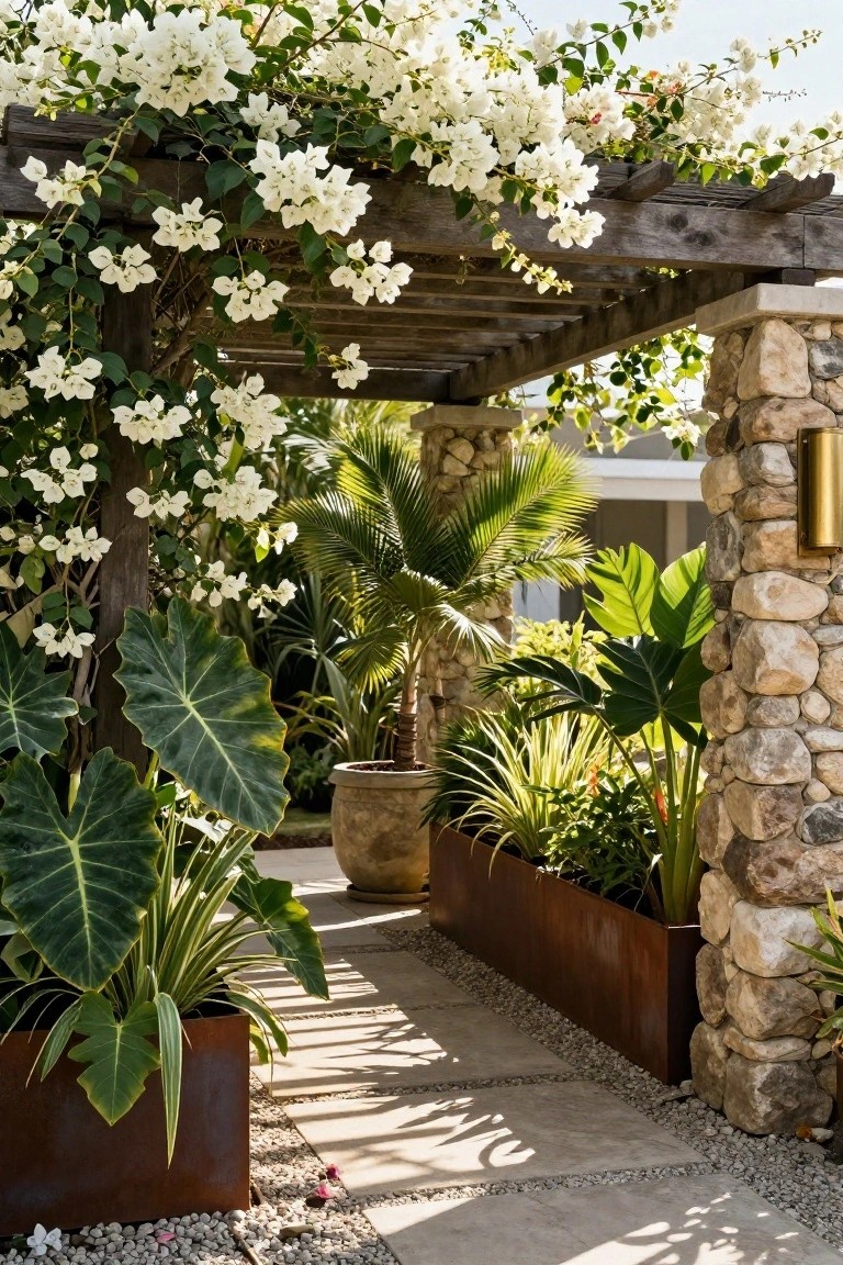 Stone pathway under wooden arbor covered in white bougainvillea flowers, with tropical plants like palms and elephant ears in planters beside stone walls.