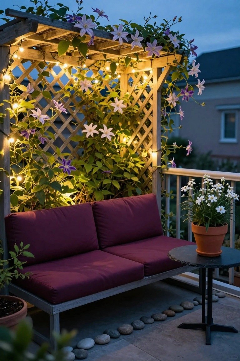 Wooden pergola on a balcony covered in green vines and white and purple clematis flowers with string lights draped through it, purple cushioned bench seating, black round table with orange pot, white flowering plant on railing, and pebble ground cover.