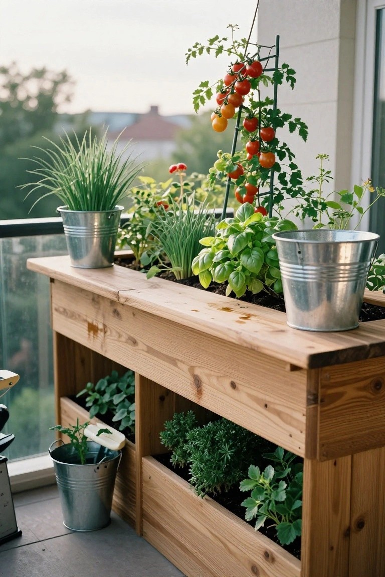 Wooden raised planter box on a balcony railing holding soil with tomato plants on a metal trellis, herbs in lower compartments, and additional metal bucket pots with chives, basil, and other plants nearby.