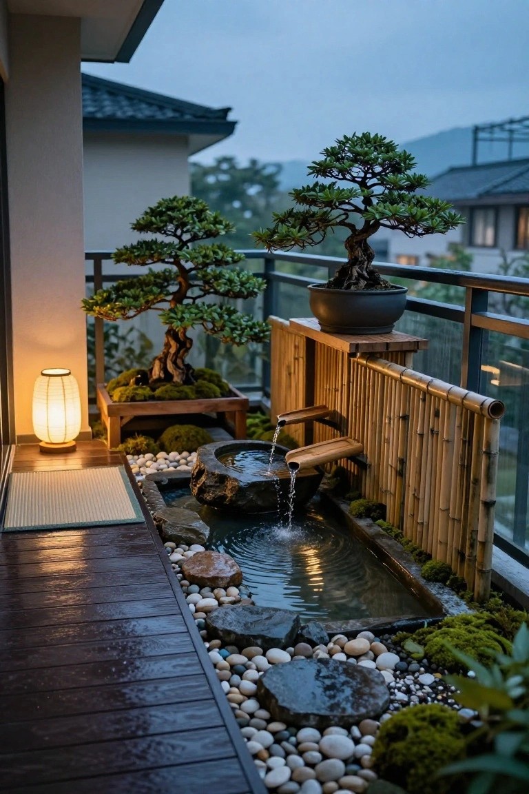 Balcony with multiple bonsai trees in pots, a small rectangular stone pond with running water from wooden spouts on a bamboo fence, scattered pebbles and rocks, mossy plants, a paper lantern, and wet wooden decking under cloudy skies.