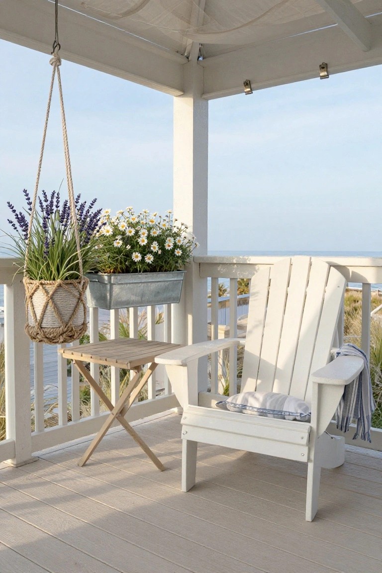 White Adirondack chair and wooden side table on a deck porch with rope hanging basket of lavender plants and metal trough of daisies on the railing, overlooking water and beach grass.