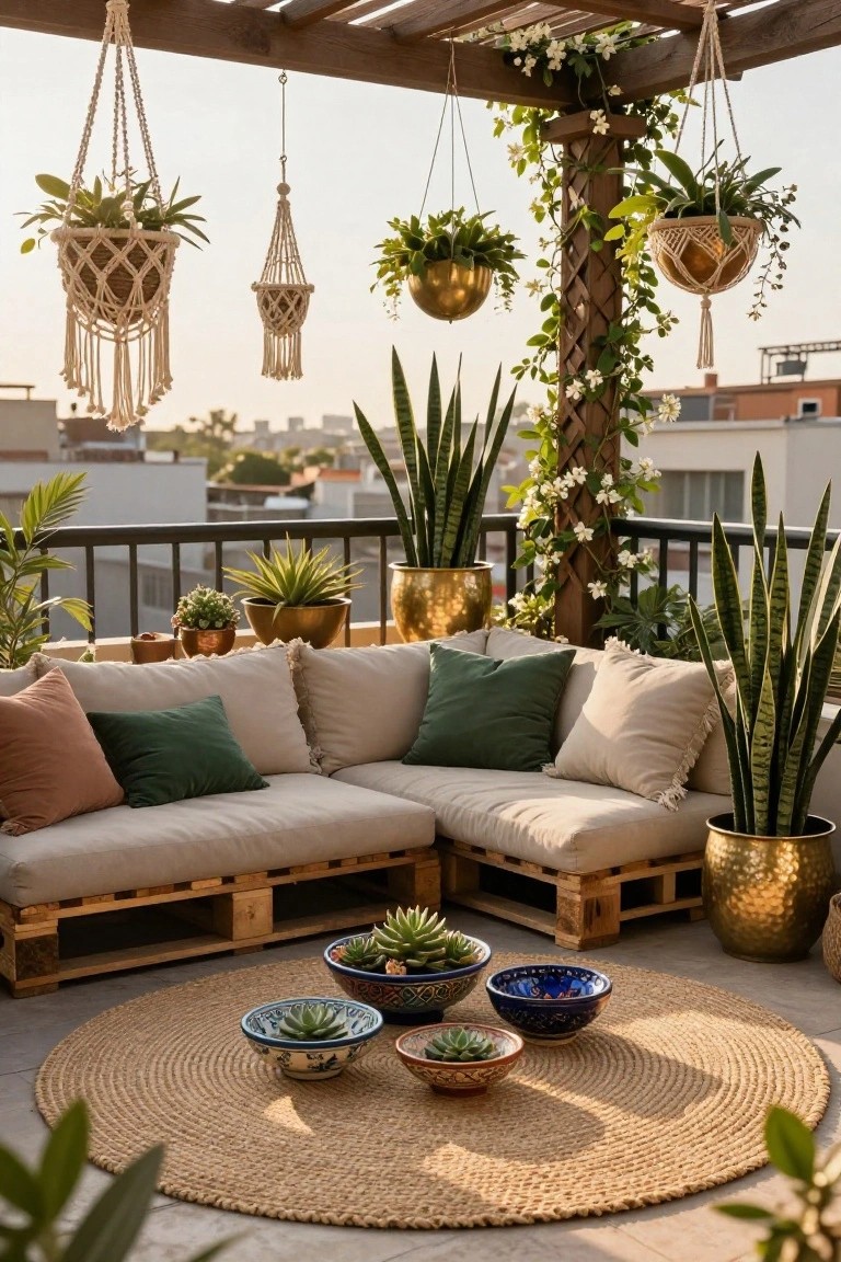 Balcony featuring an L-shaped sofa made from wooden pallets with beige and green cushions, surrounded by potted snake plants, succulents in ceramic bowls, macrame hanging planters, and a pergola overhead with cityscape view.