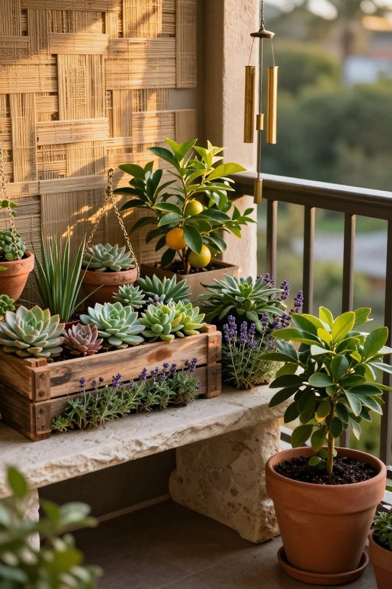 Balcony with bamboo screen backdrop, wooden crate planter filled with succulents and lavender on a stone bench, potted lemon tree hanging plants and other pots nearby.