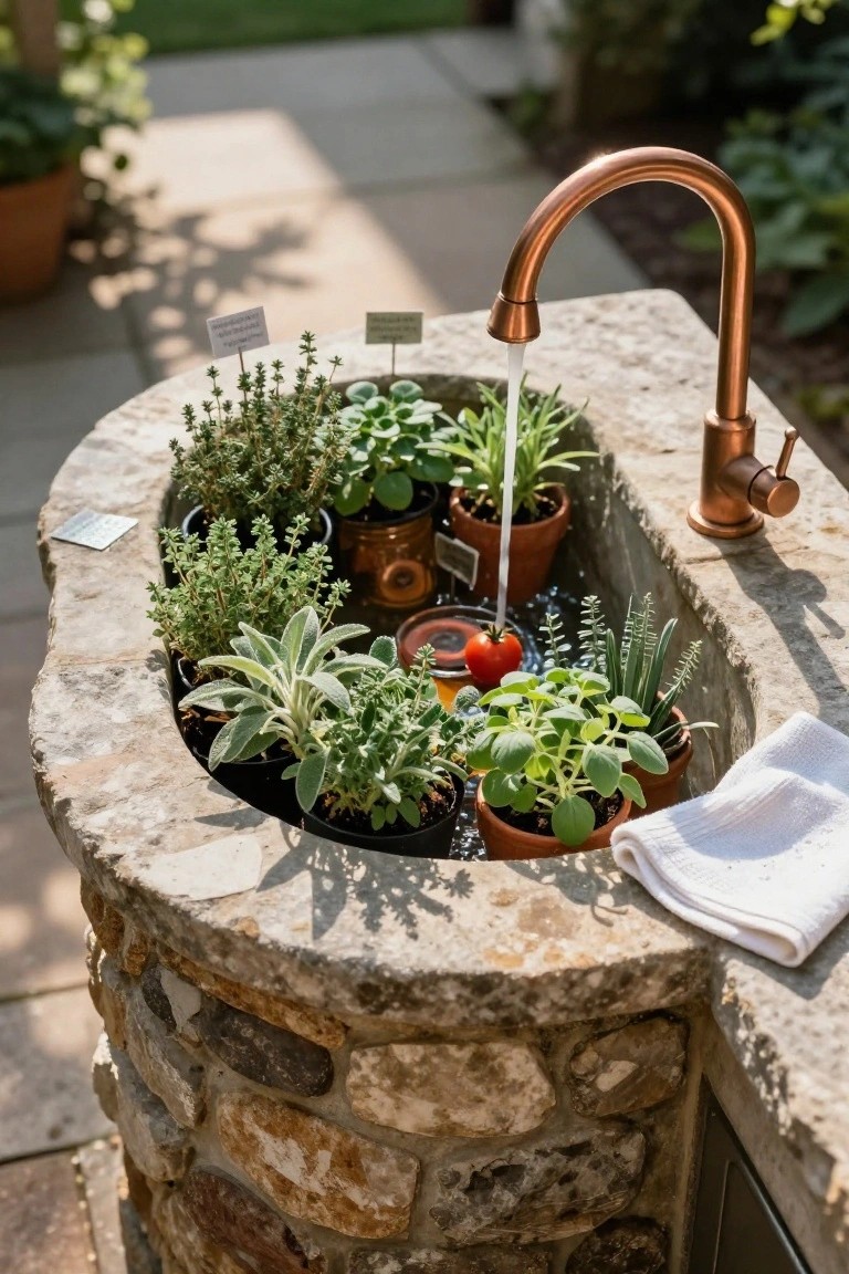 Stone outdoor sink basin containing multiple potted herbs like thyme and basil with water running from a copper faucet and a red tomato inside.