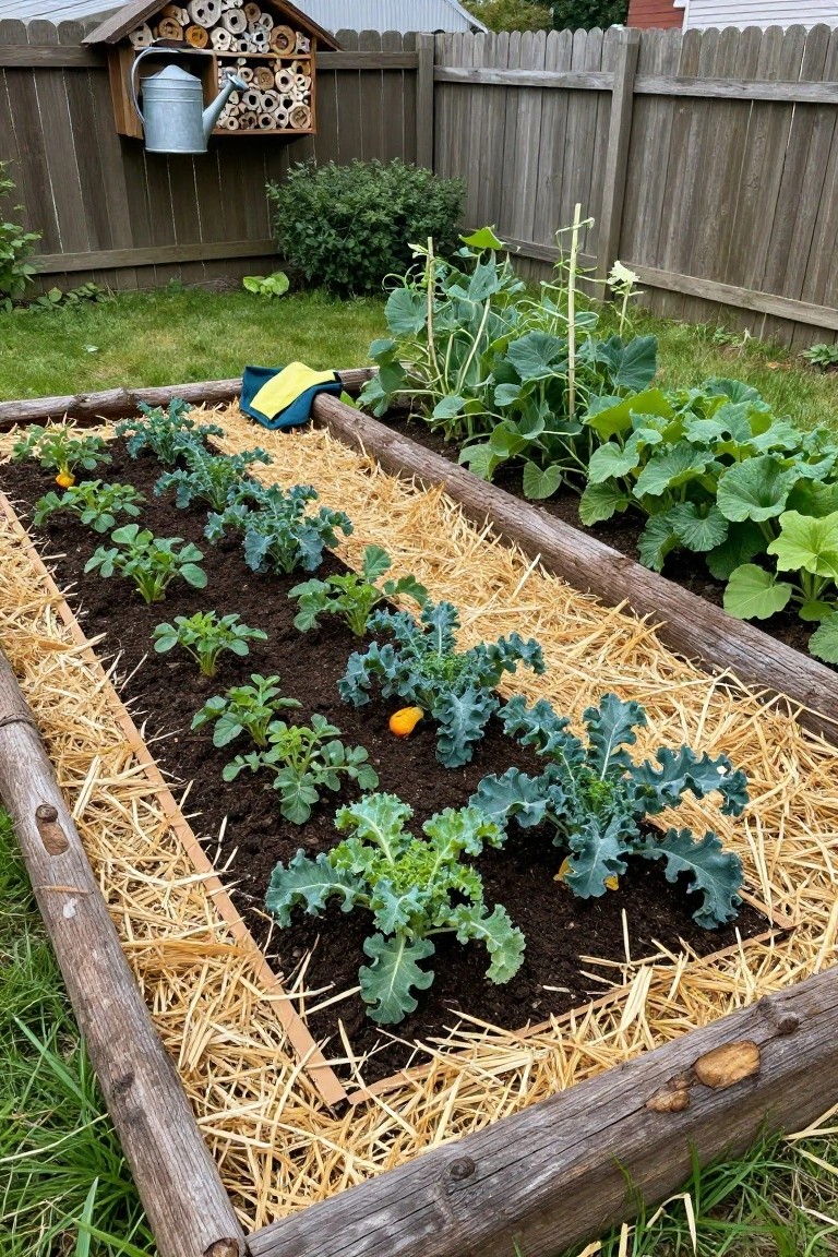 Wooden raised garden bed in a backyard with rows of young kale, bean, and potato plants mulched in straw, adjacent pumpkin vines, a yellow rag, watering can, and bee hotel on a wooden fence.