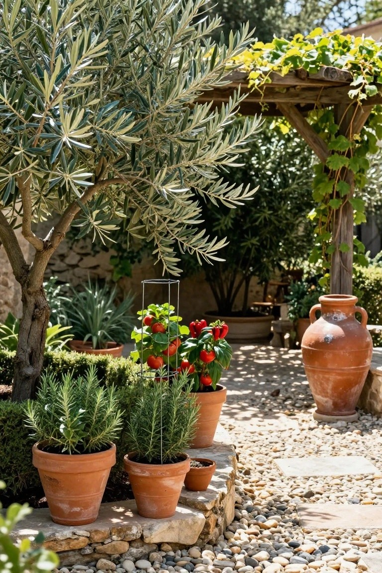 Garden path lined with terracotta pots of rosemary and tomato plants on metal supports, strawberry plants nearby, large terracotta jars, olive tree, grapevine pergola, gravel ground, and stone walls in a Mediterranean-style outdoor space.