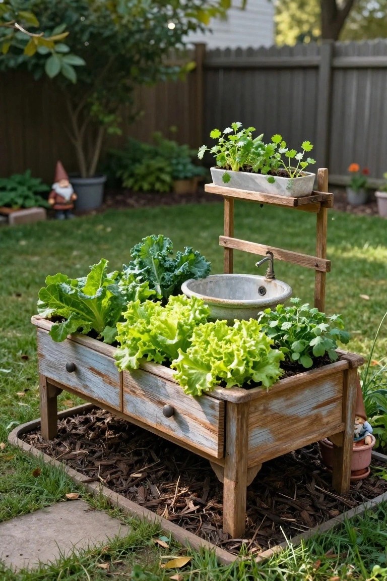Weathered blue wooden dresser repurposed as raised planter filled with green lettuce and kale, with metal sink and faucet on wooden stand above, herb pots on shelves, gnomes nearby, in grassy backyard with fence and trees.