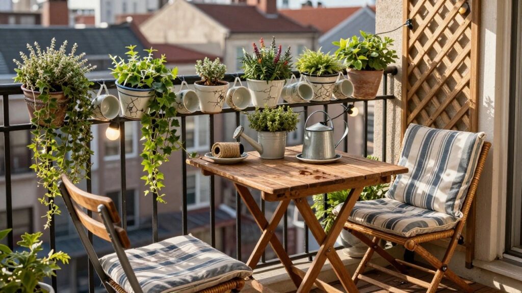 16 Clever Upcycled Planter Ideas for Budget-Friendly Gardening Balcony with two wicker chairs cushioned in blue and white stripes around a small wooden table holding a metal watering can and saucer, multiple white teacups hanging as planters from the black railing filled with green plants, additional potted plants, string lights, and view of brick buildings and street below.