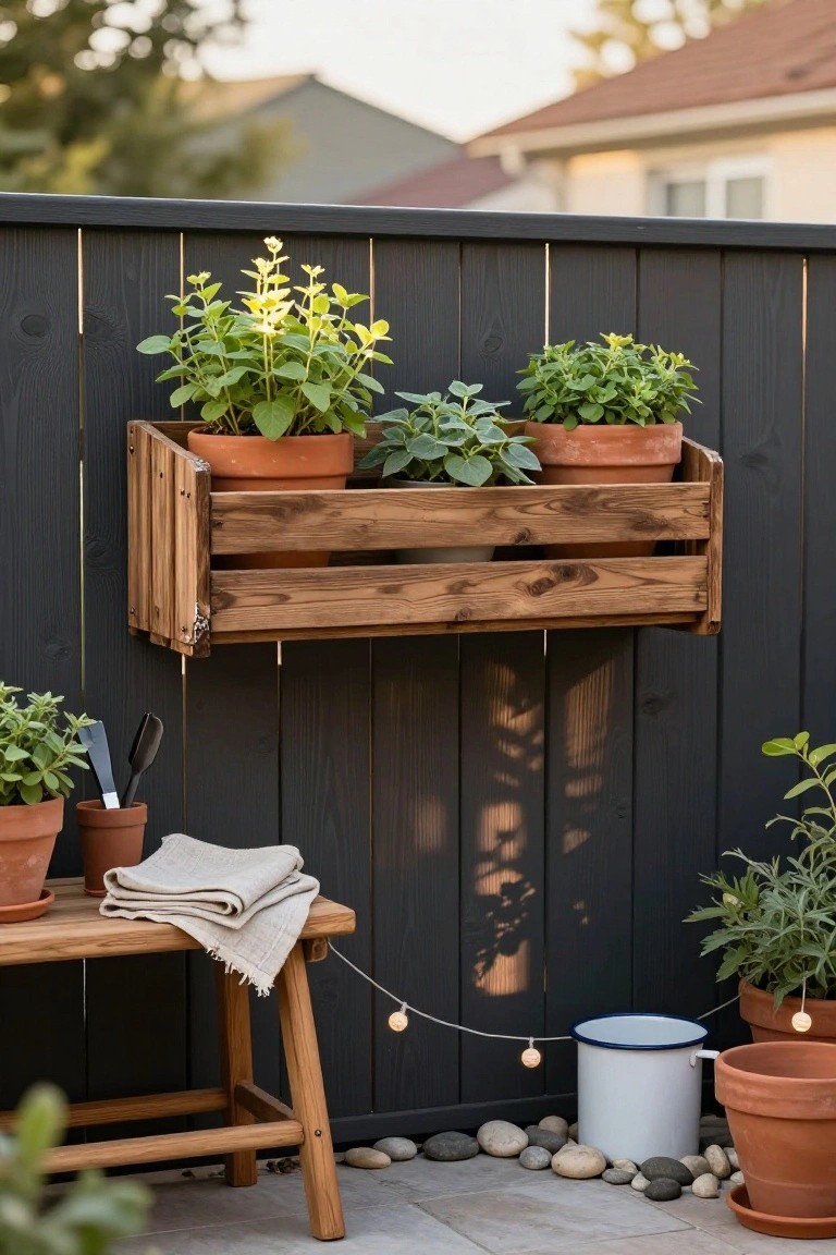 Wooden crate planter mounted horizontally on a black fence holding three terracotta pots with green herb plants, positioned next to a wooden bench on a patio with additional potted plants, pebbles, string lights, and garden tools.