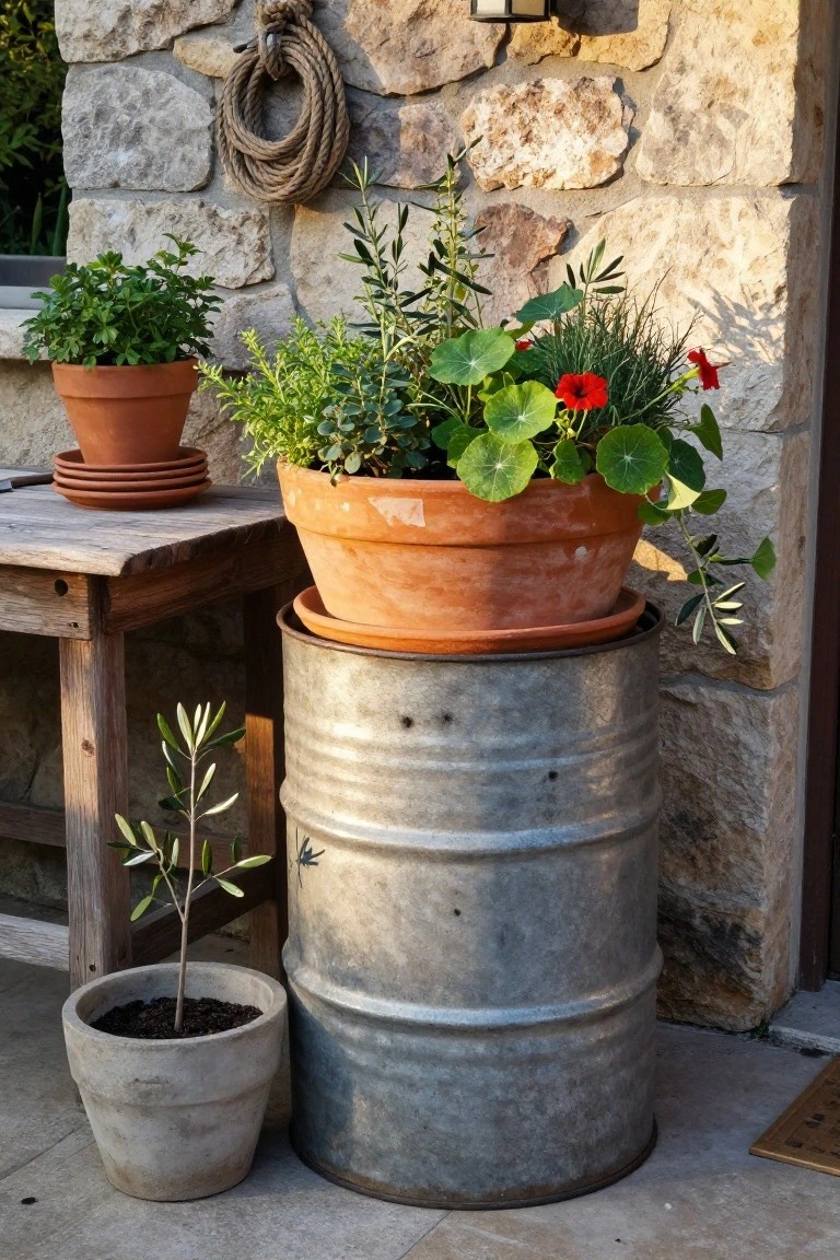 Outdoor stone patio area against a textured stone wall featuring a tall galvanized metal drum planter with a stacked terracotta pot of greenery, a small olive tree in a clay pot beside it, other potted plants on a wooden table, and a hanging rope and lantern light.