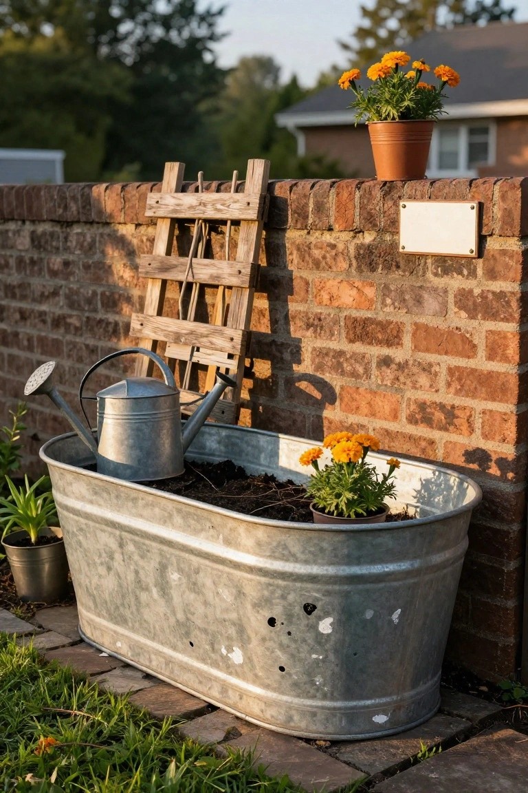 A large rectangular galvanized metal tub planter filled with soil and small marigold plants against a brick wall, with a metal watering can placed inside it, a wooden ladder leaning nearby, and other potted plants around.