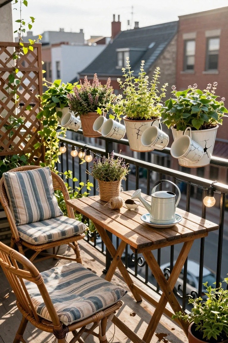 Balcony with two wicker chairs cushioned in blue and white stripes around a small wooden table holding a metal watering can and saucer, multiple white teacups hanging as planters from the black railing filled with green plants, additional potted plants, string lights, and view of brick buildings and street below.