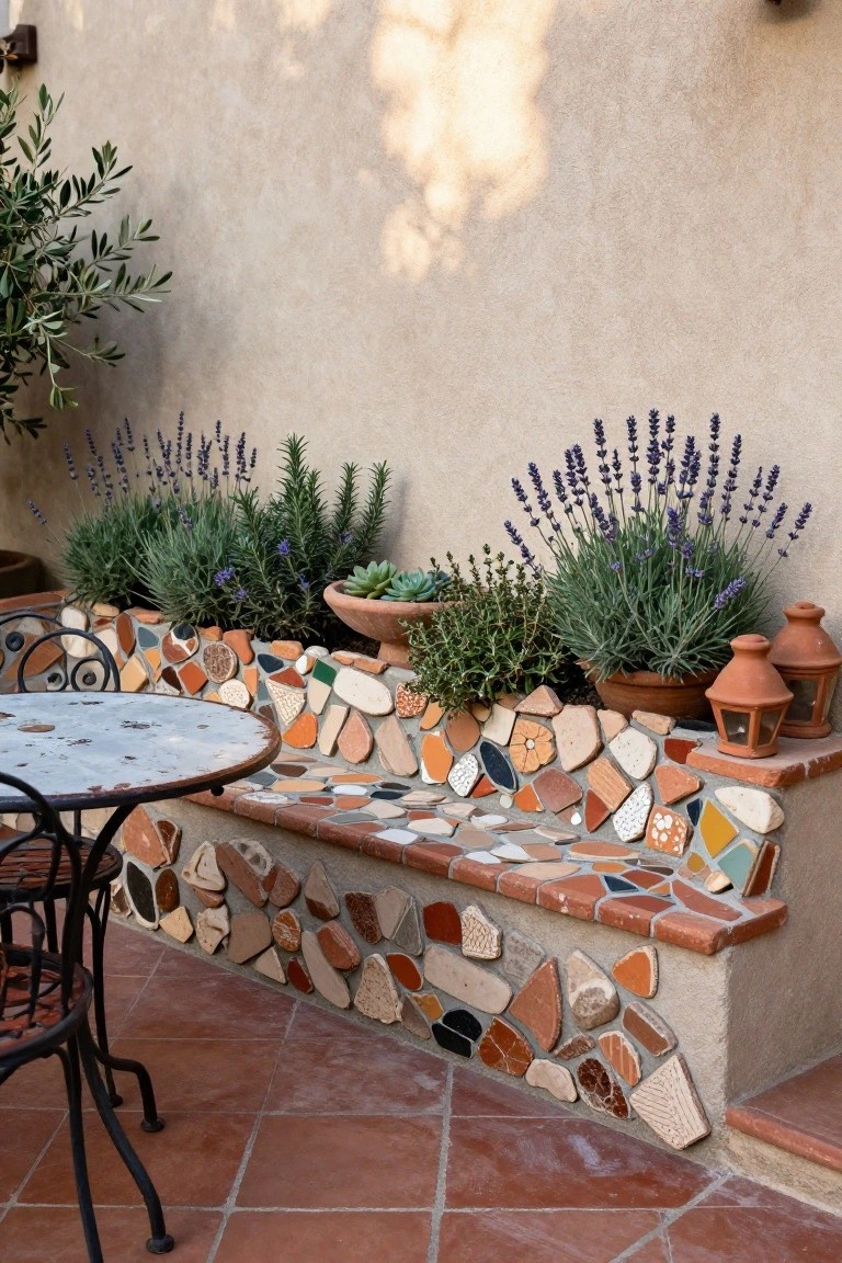 Colorful mosaic-tiled bench integrated with planters holding lavender, herbs, and succulents, beside a small metal table on a terracotta-tiled outdoor patio with terracotta lanterns.