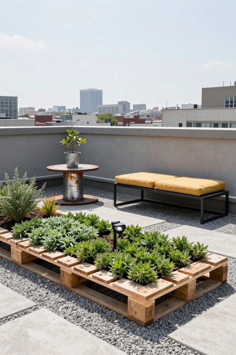 Rooftop terrace with wooden pallet planters filled with green leafy plants, a yellow cushioned bench on a metal frame, a rusted metal cable spool table holding a metal bucket plant, and city buildings in the background.