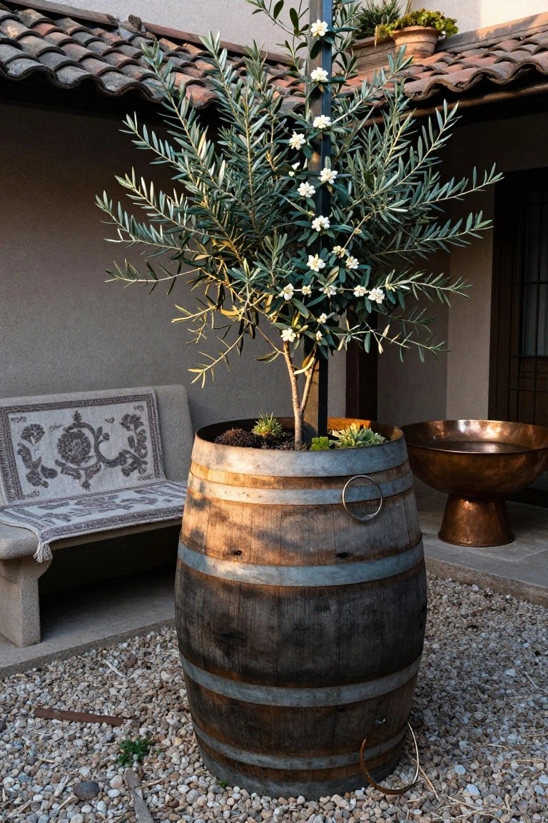 Large olive tree with white flowers planted in a weathered wooden barrel planter on a gravel patio, accompanied by a cushioned bench with tapestry and a copper bowl planter nearby under a terracotta-tiled roof.