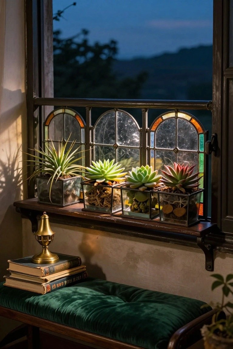 Windowsill shelf holding four glass box planters with succulents including bromeliads and echeverias, beside a brass incense burner and stacked books above a green velvet bench, framed by a stained glass window at dusk.