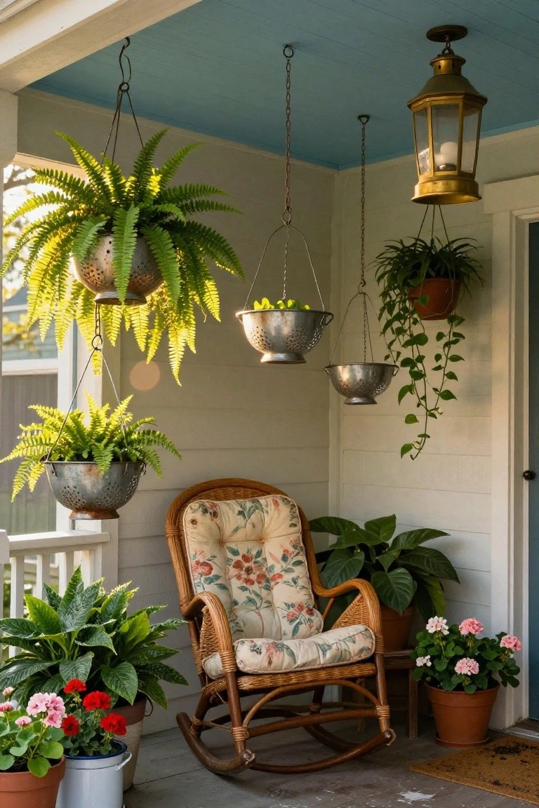 A covered porch featuring a wicker rocking chair with floral cushions, multiple potted plants on the floor, hanging ferns and vines in metal colanders from the ceiling, and a brass lantern light.