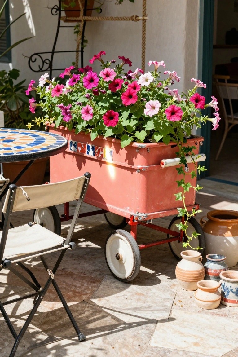Red vintage metal wagon repurposed as a rectangular planter overflowing with pink, purple, and white petunias and trailing ivy, positioned on a tiled patio next to a colorful mosaic table, folding chairs, and assorted terracotta pots against a white stucco wall.