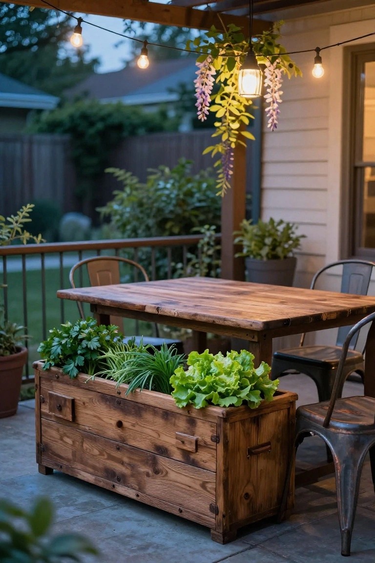 Wooden dining table with metal chairs on a patio, large wooden planter box with drawers filled with green herbs and lettuce plants positioned under the table, string lights and hanging wisteria under a pergola, backyard greenery in the background.