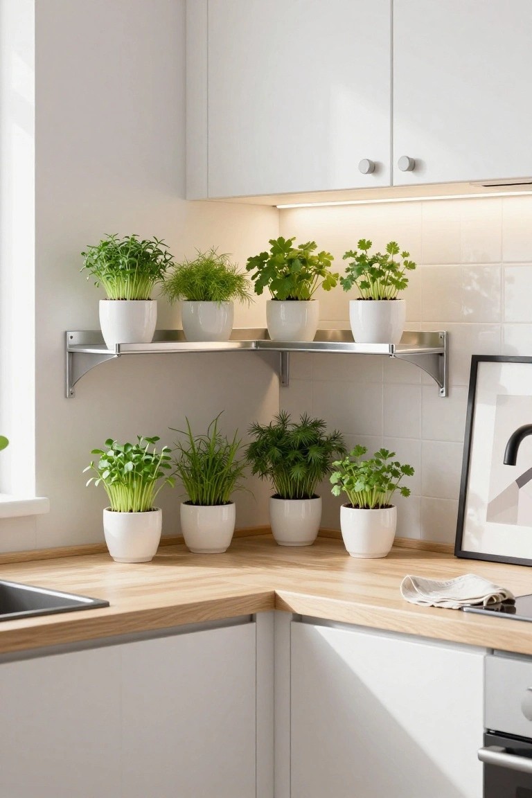Kitchen corner with stainless steel wall-mounted shelves holding six white pots of herbs including basil, parsley, and chives above a light wood countertop, white cabinets, and sink.