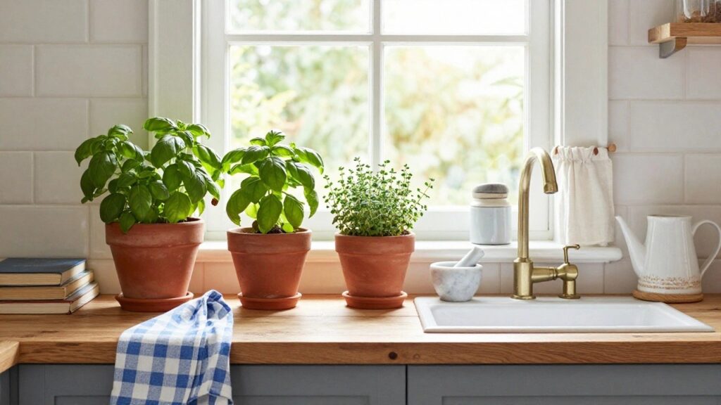 14 Cozy Indoor Herb Garden Ideas for a Fresh Kitchen Vibe Kitchen windowsill holding three terracotta pots of basil and thyme plants above a white sink with brass faucet, marble mortar and pestle on wooden counter, books stacked nearby