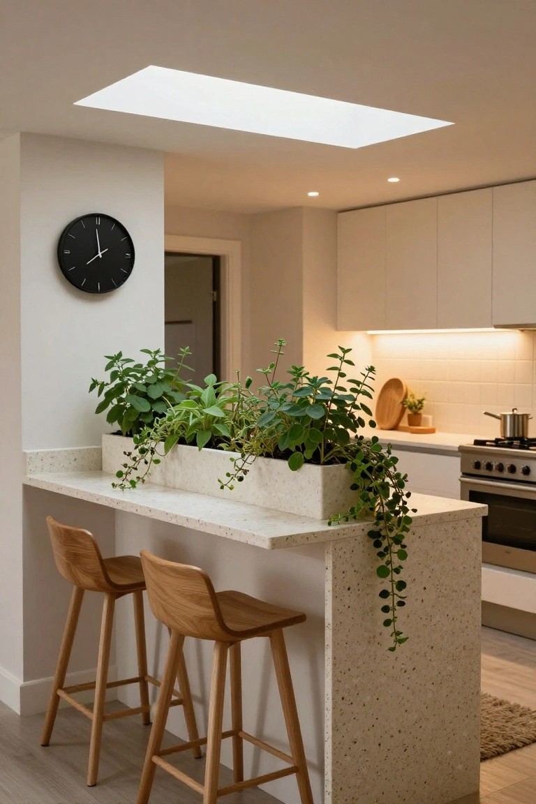 Modern white kitchen featuring a terrazzo breakfast bar with a rectangular white planter box filled with various green herbs and trailing vines, flanked by wooden bar stools, an oven, and wall clock.
