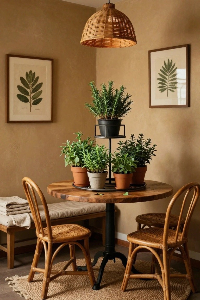 Round wooden pedestal table in a beige room with black tiered metal plant stand holding pots of rosemary and other herbs, wooden chairs, botanical prints on walls, rattan pendant light overhead.