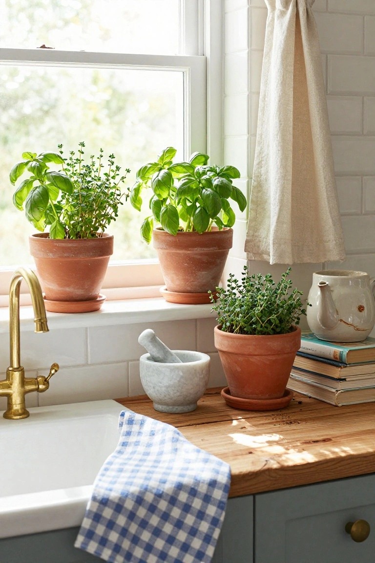 Kitchen windowsill holding three terracotta pots of basil and thyme plants above a white sink with brass faucet, marble mortar and pestle on wooden counter, books stacked nearby