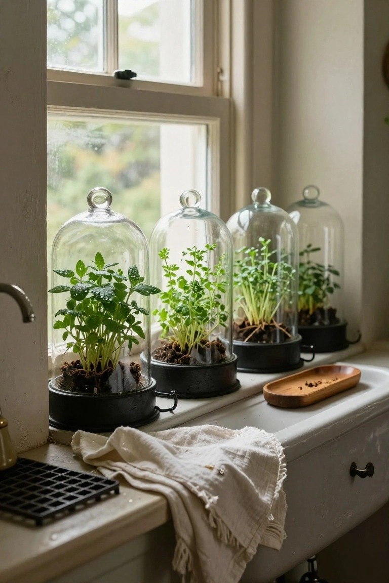 Glass cloches with green herb plants on a sunlit windowsill.