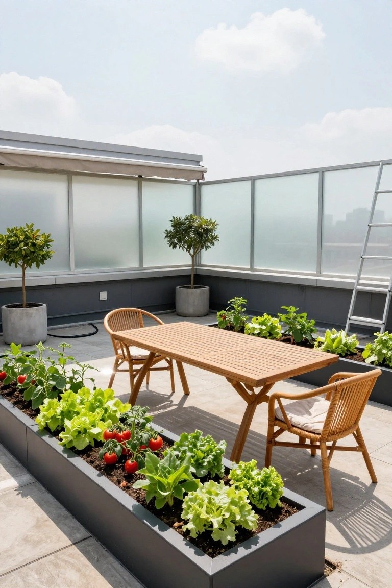 Rooftop terrace featuring black rectangular raised planters along the edges filled with lettuce, tomatoes, and other vegetables, a wooden dining table with rattan chairs, potted trees, frosted glass panels, and a ladder against the railing under a partly cloudy sky.