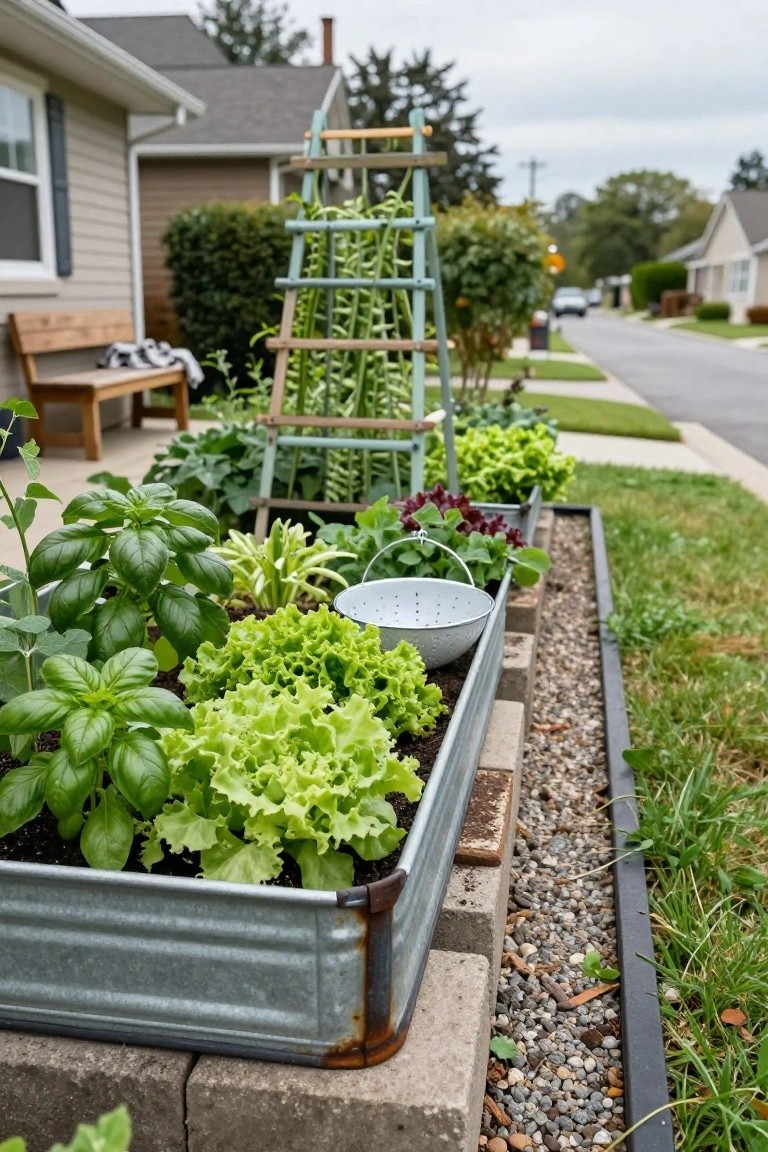 Raised galvanized metal garden bed along a house foundation planted with basil, lettuce, and other vegetables, featuring a wooden bench nearby, bean trellis, and gravel edging beside a sidewalk.
