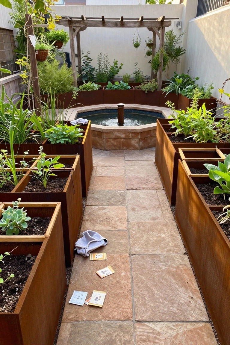 Courtyard garden with symmetrical corten steel raised planters containing vegetables and herbs, flanking a terracotta-tiled pathway leading to a central circular fountain pool, wooden pergola overhead, and various potted plants around the edges.