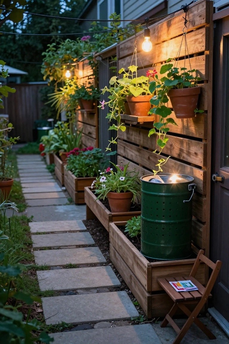 Narrow concrete path in a backyard lined with wooden raised planter boxes containing various green plants and flowers, a weathered pallet wood fence covered in hanging vines and potted plants, string lights overhead, a green metal drum bin, and a small wooden chair at the end near a door.