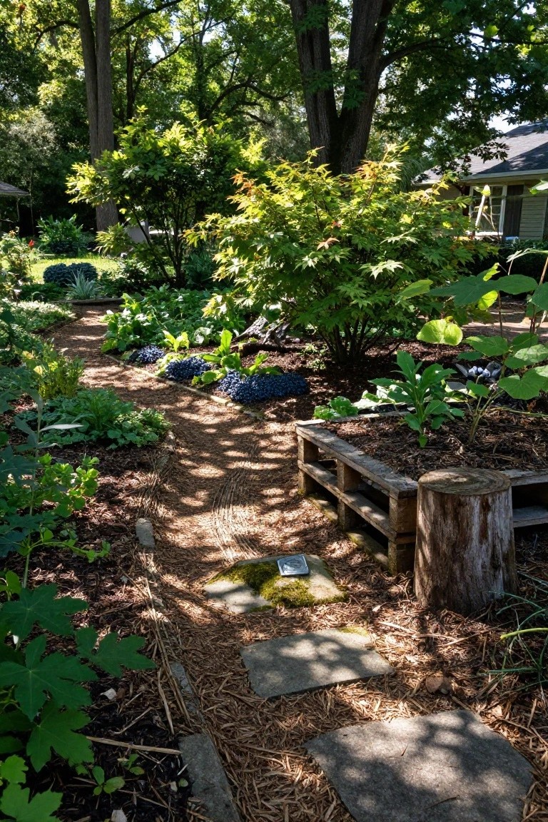 Winding mulch path with stone stepping stones through a backyard garden featuring raised pallet bed, tree stump, various green plants, berries, and trees with a house visible in the background.