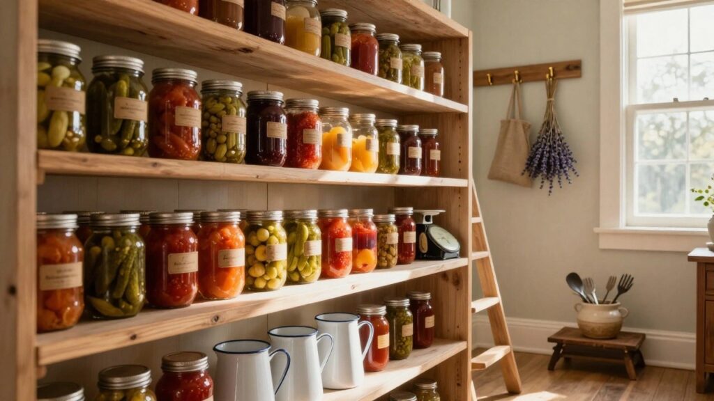 19 Foolproof Canning For Beginners Ideas To Build A Stocked Pantry Wooden credenza with open shelves filled with labeled mason jars of preserved vegetables, fruits, and sauces, alongside kitchen utensils, a scale, and plants in a light-filled room.