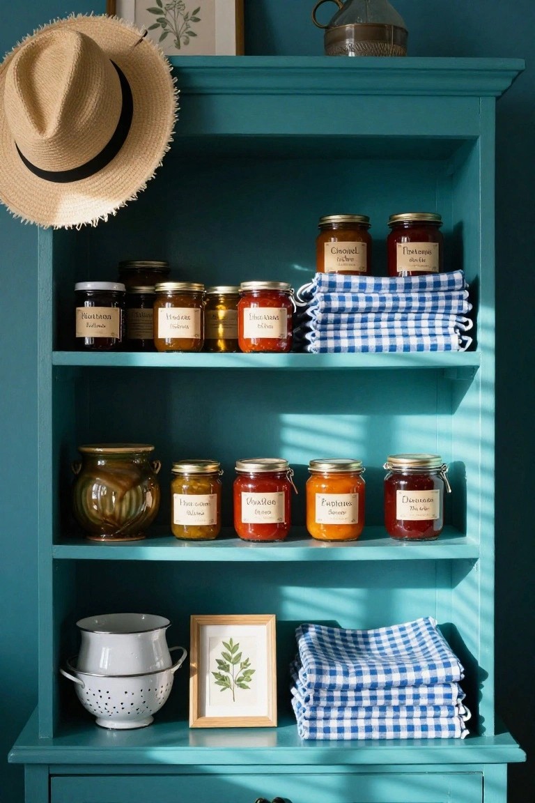Teal open shelving unit stocked with labeled glass jars of preserves and jams, a straw hat hanging from the top shelf, checkered cloths folded nearby, a metal colander, and botanical prints on the lower shelf.