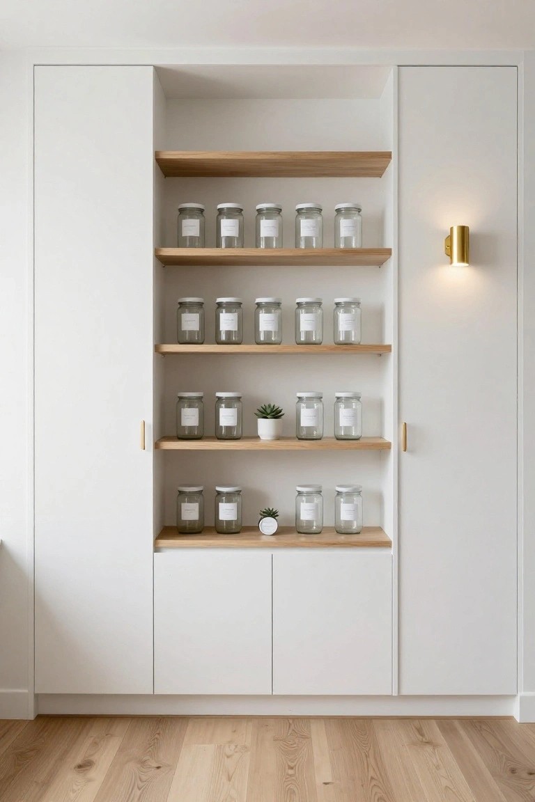 White built-in cabinet with multiple open oak shelves holding rows of labeled clear glass jars and small potted plants, gold wall lights on the side, and light oak wood floor below.