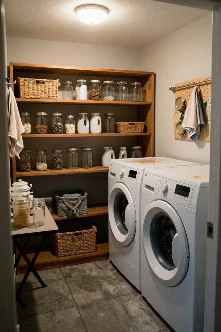 A small laundry room with wooden open shelving stocked with glass jars of flour, nuts, cookies, and dry goods, white washer and dryer machines, woven baskets, and a folding table.