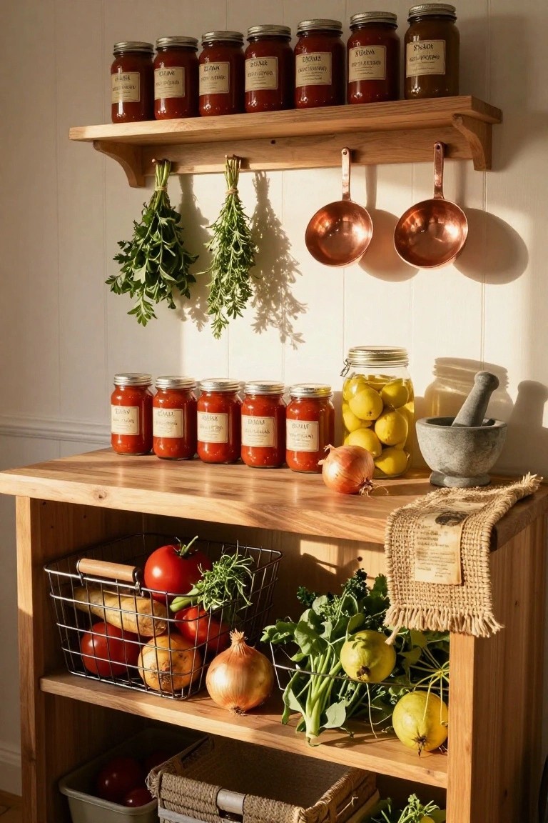 Wooden open shelving unit in a kitchen displaying multiple jars of canned tomato sauce on upper and lower shelves, fresh vegetables and fruits in a wire basket, hanging herbs and copper ladles, and a mortar and pestle on the counter.