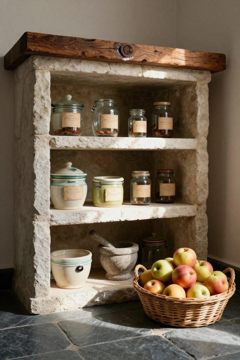 Rustic stone shelving unit in a room corner holding labeled glass jars of nuts and dried goods on three shelves, with a white bowl, mortar and pestle, and basket of apples on the bottom shelf above a slate tile floor.