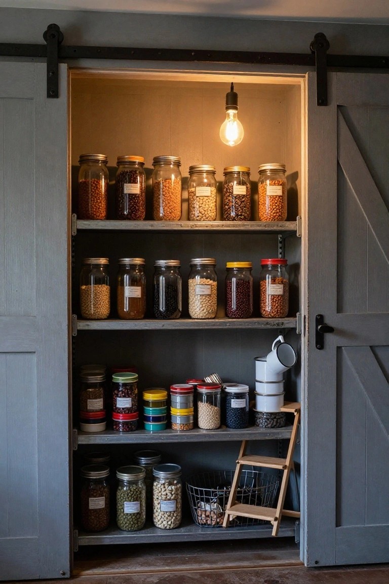 Open gray wooden pantry cabinet with metal shelves stocked with numerous glass jars containing various beans, grains, and nuts, a single hanging light bulb, a white metal cup, and a small wooden step ladder inside.