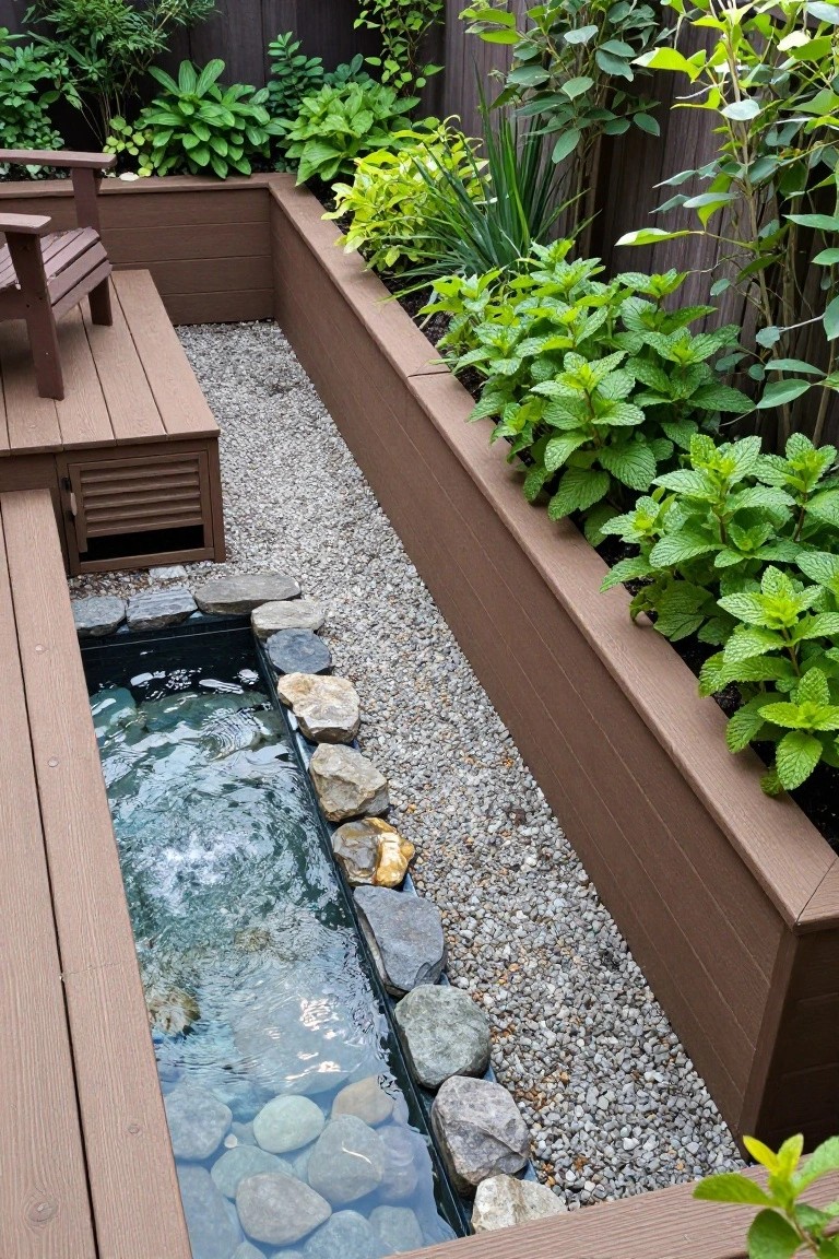 Wooden deck with a small rectangular pond filled with clear bubbling water over rocks and pebbles, edged by gravel path and raised planters overflowing with mint plants, benches and greenery nearby.