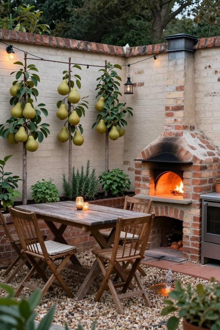 Outdoor patio with lit brick wood-fired pizza oven, wooden dining table and chairs, espaliered pear trees on white brick wall, string lights, potted plants, and gravel ground with a small fountain.