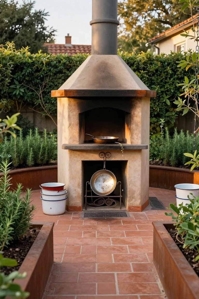 Rustic stone outdoor oven with chimney on a brick patio, surrounded by raised metal herb beds, potted plants, and hanging copper pans.