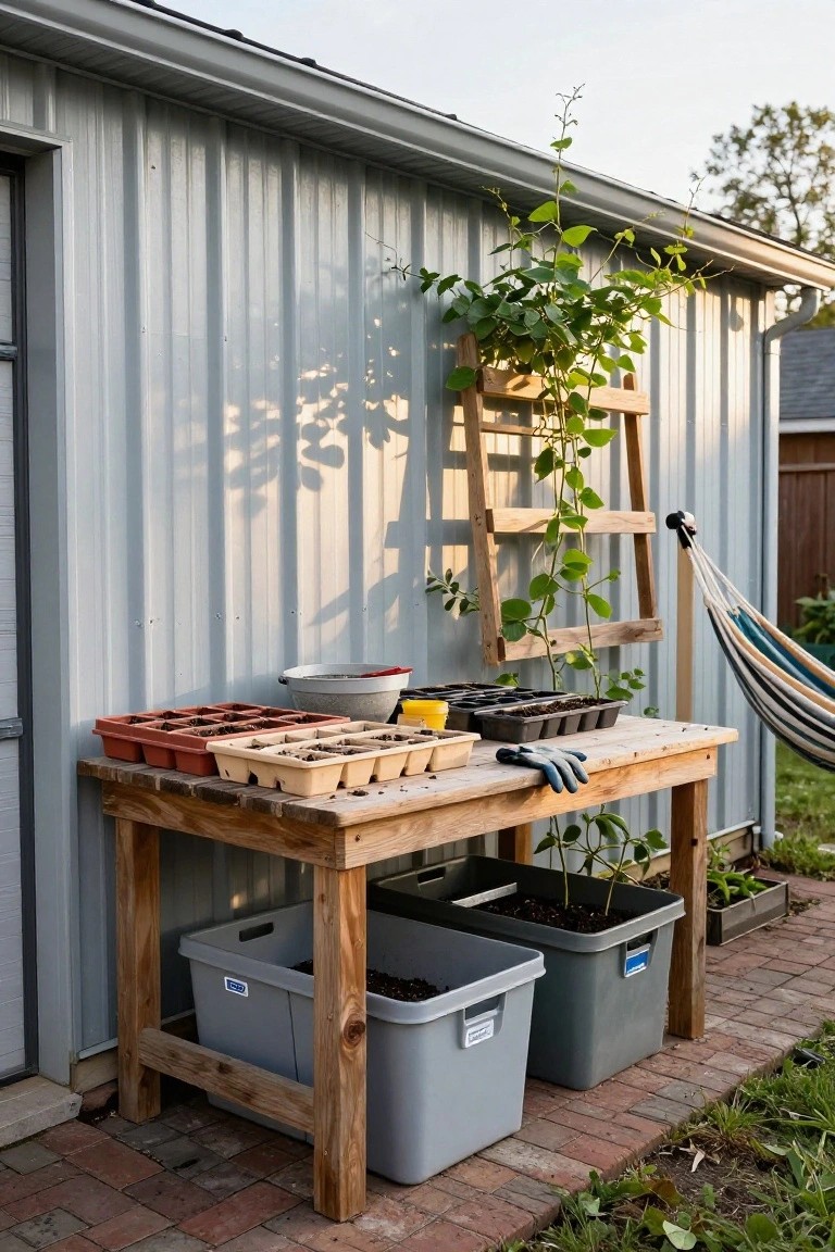 Wooden workbench against a gray metal garage wall holding seed trays, soil bins, gloves, and pots, with climbing plants on a wooden trellis and a hammock nearby on brick pavers.