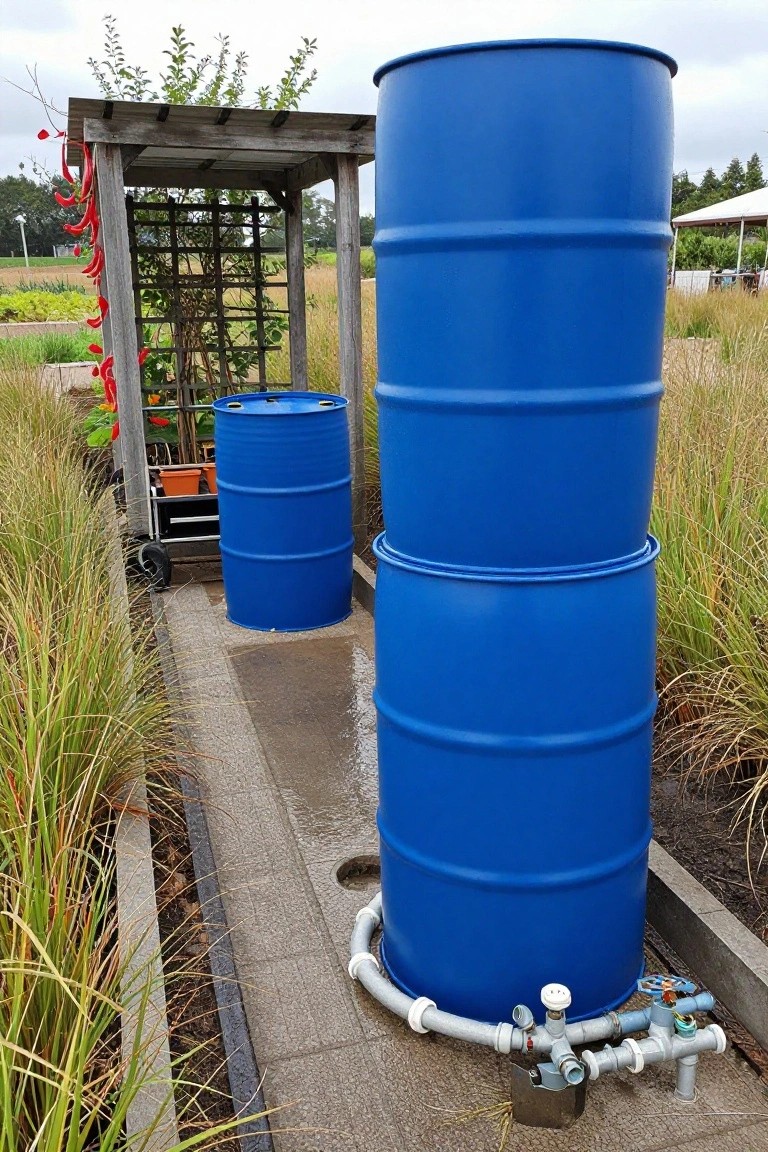 Blue plastic rain barrels stacked in pairs and singles along a paved garden path edged with tall ornamental grasses, near a wooden arbor with potted plants and red peppers, with white plumbing pipes and valves connected at the base of the lowest barrel.