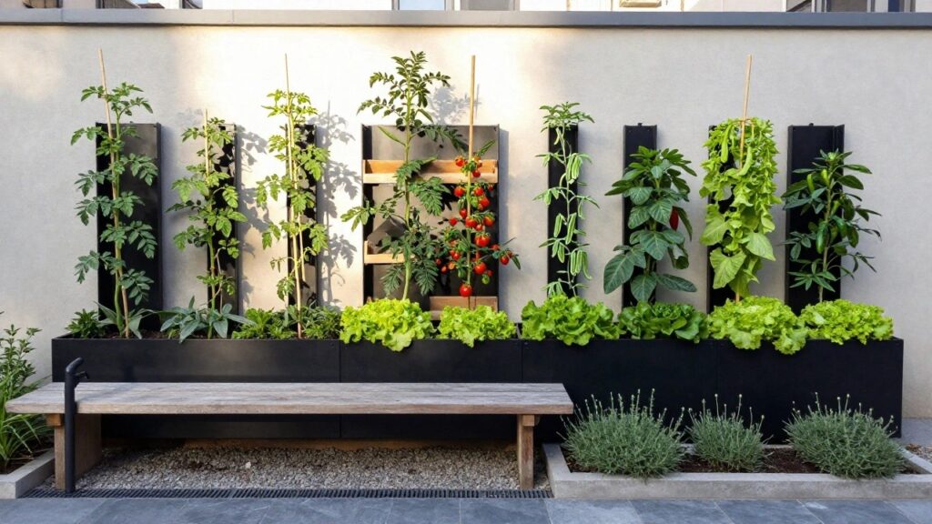 16 Modern Vertical Vegetable Garden Ideas for Space-Saving Growing Black metal tiered wall-mounted planters growing tomatoes, peas, lettuce, peppers, and other vegetables against a white exterior wall, with a wooden bench on a paved patio nearby.