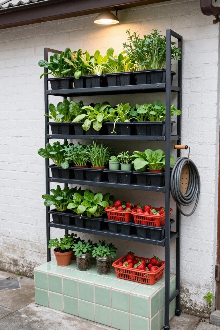 A black metal shelving unit against a white brick wall outdoors, filled with black trays of leafy greens and herbs on multiple levels, red strawberry baskets on lower shelves, and a coiled hose hooked to the side.