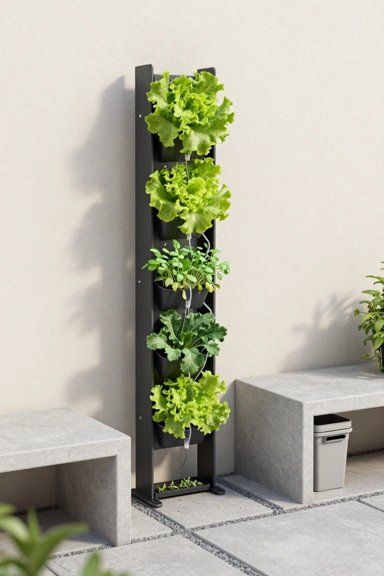 Tall black metal vertical planter with tiers of green lettuce, herbs, and leafy greens in black pots against a beige wall, next to concrete benches on a paved outdoor patio.